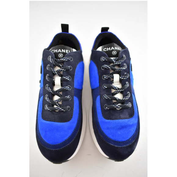 Chanel 21K Blue Suede White CC Logo Lace Up Tie Flat Runner Trainer Sneaker 39.5 - Picture 7 of 11